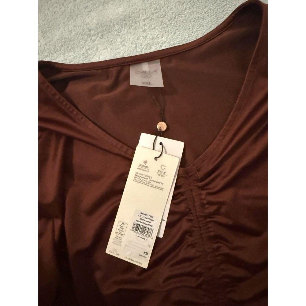 CALIA Womens Long Sleeve Ruched Swim Rash Guard XXL Red Brown Shine $58 MSRP NWT - Picture 2 of 5